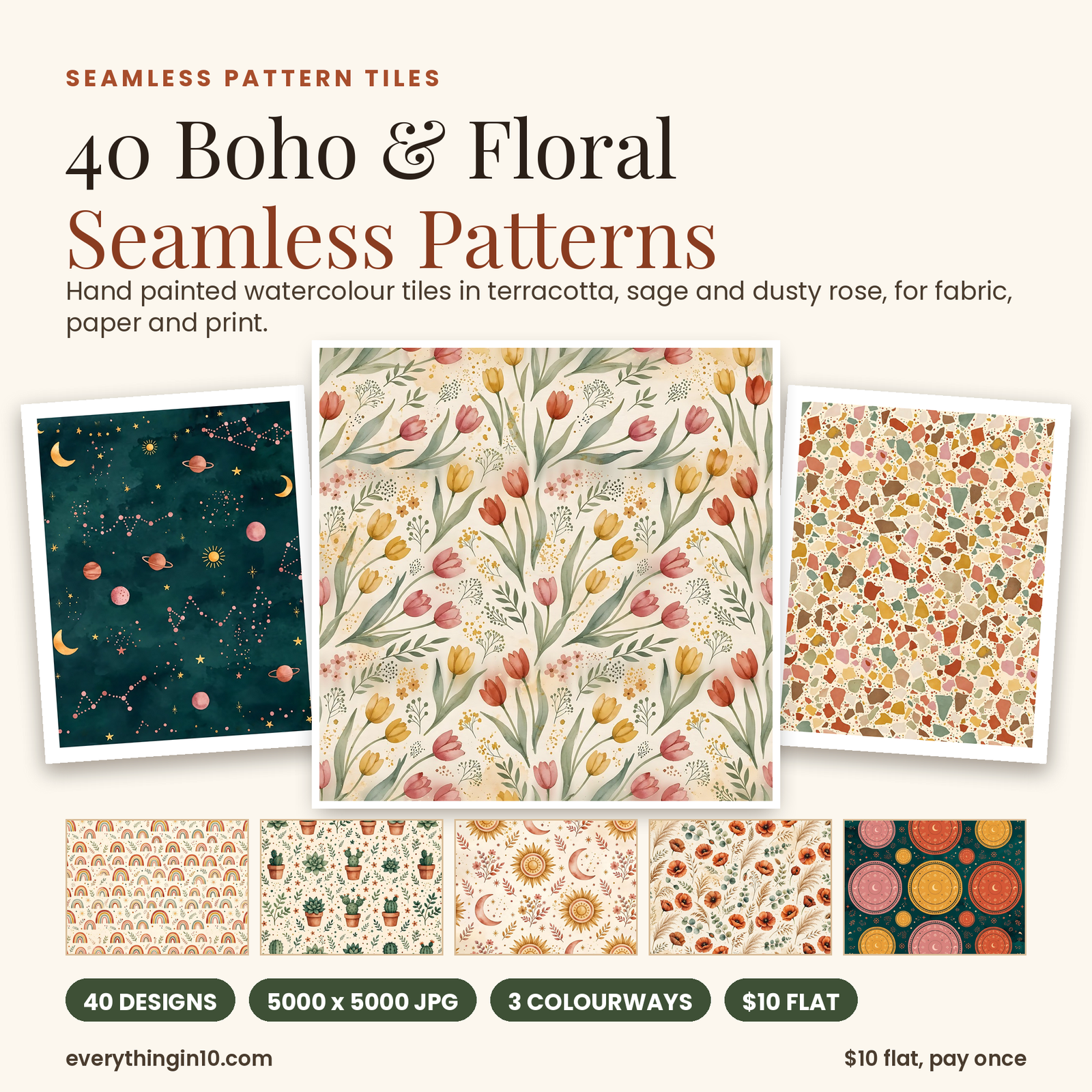 40 Boho & Floral Seamless Patterns | Premium Tileable Pattern Tiles