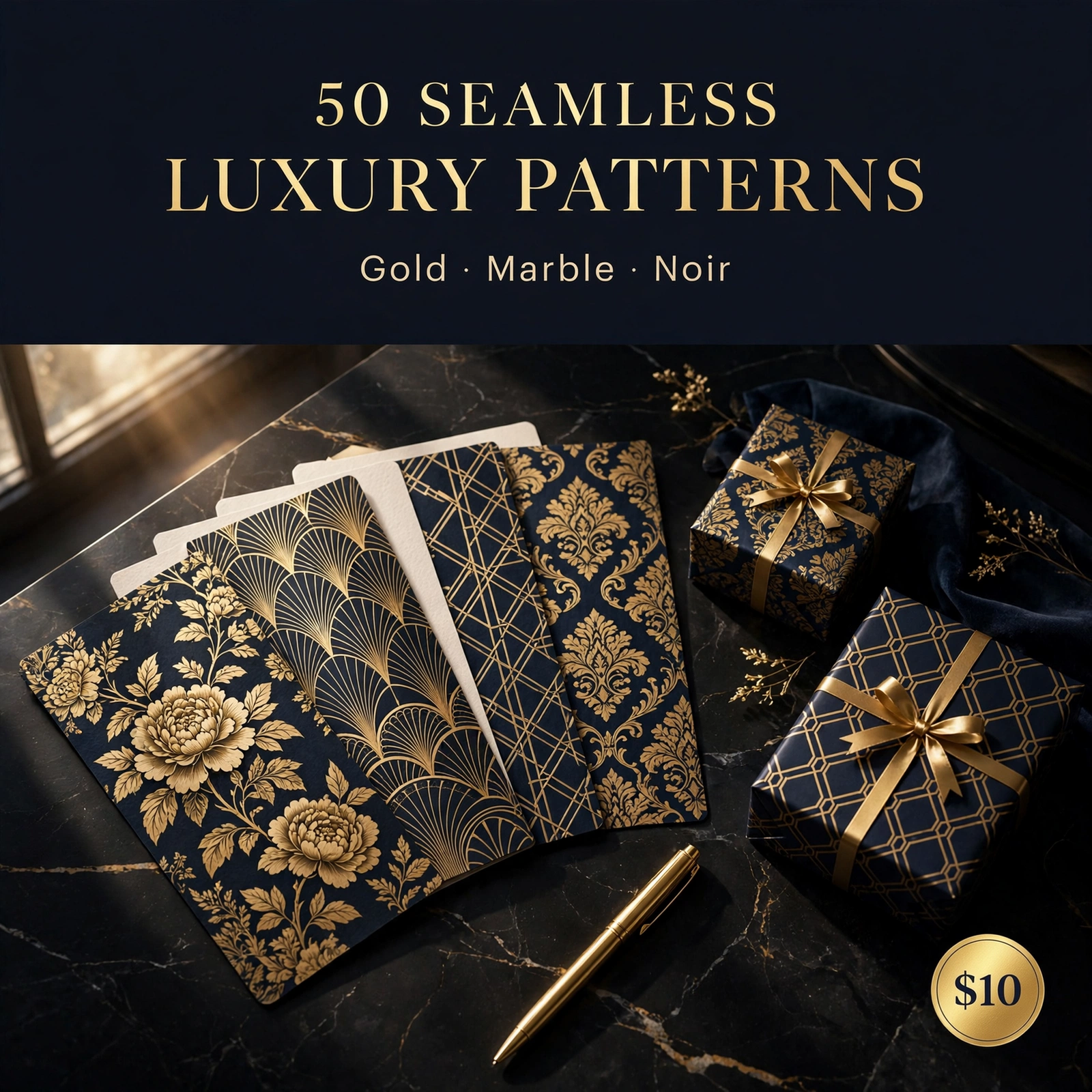 50 Seamless Luxury Patterns | Gold, Marble & Noir (5000px)