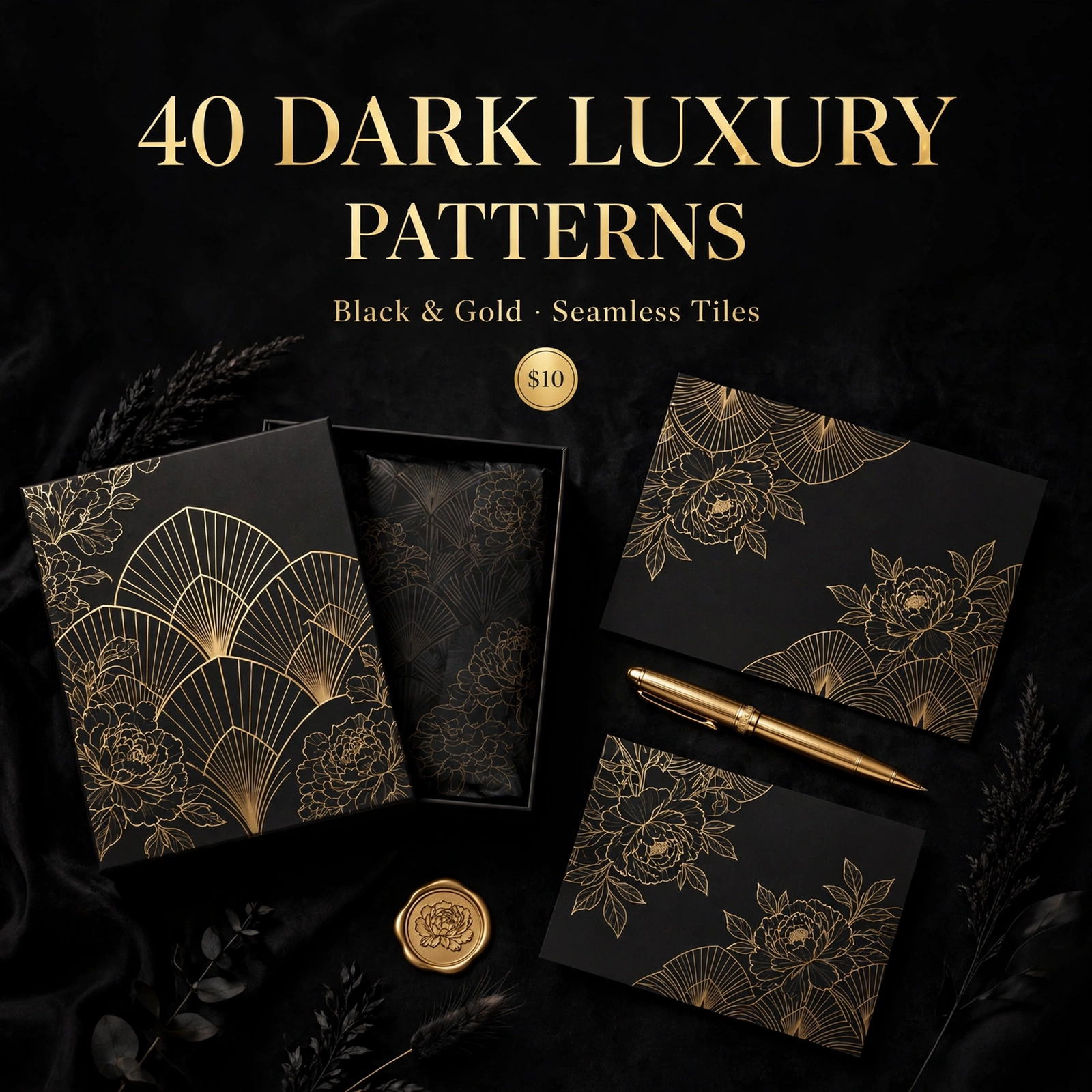 40 Dark Luxury Patterns | Seamless Black & Gold Tiles (5000px)