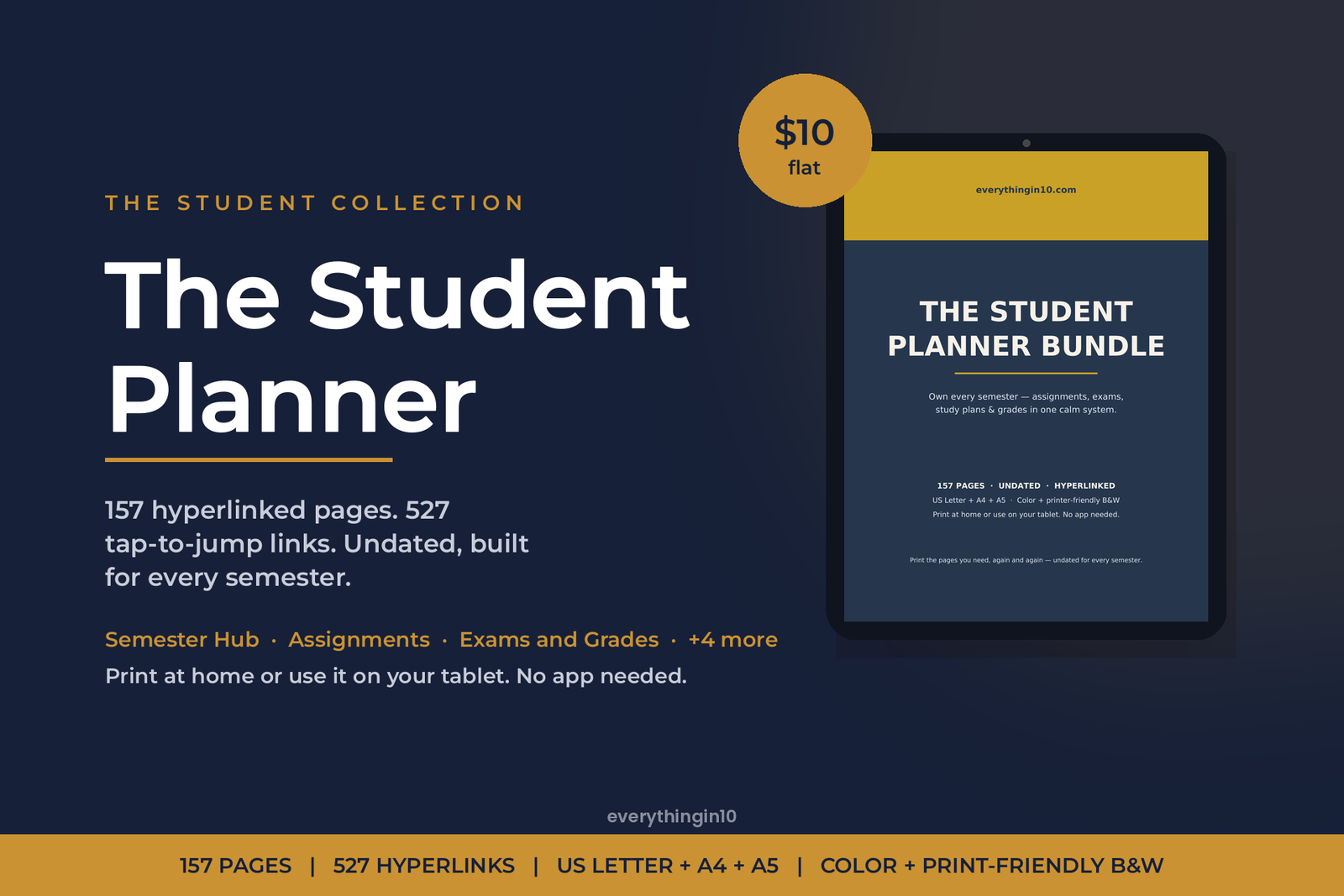 Student Planner Bundle | 157 Undated Hyperlinked Pages (US Letter + A4 + A5)