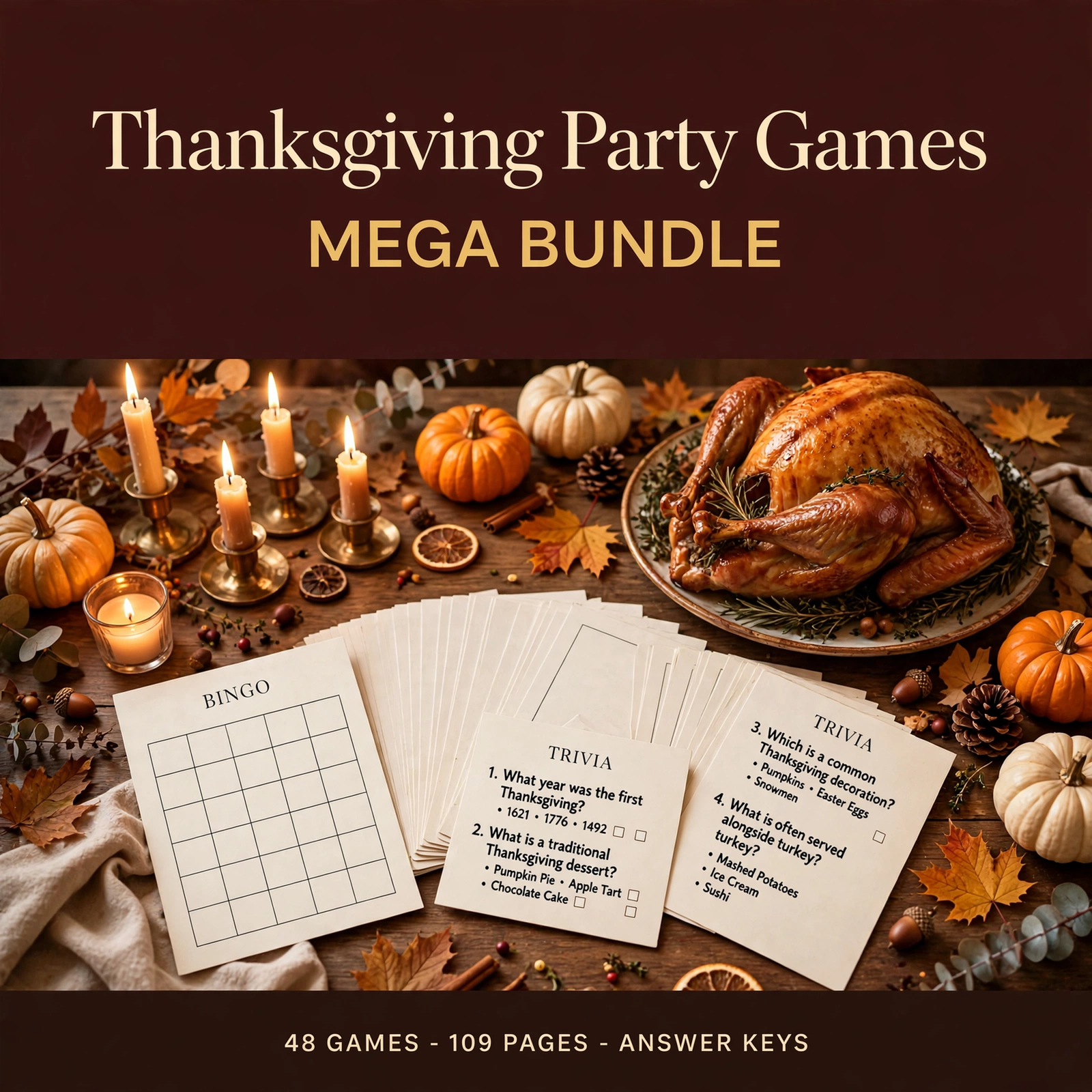 Thanksgiving Party Games Mega Bundle | 48 Printable Games (109 Pages, US Letter + A4)